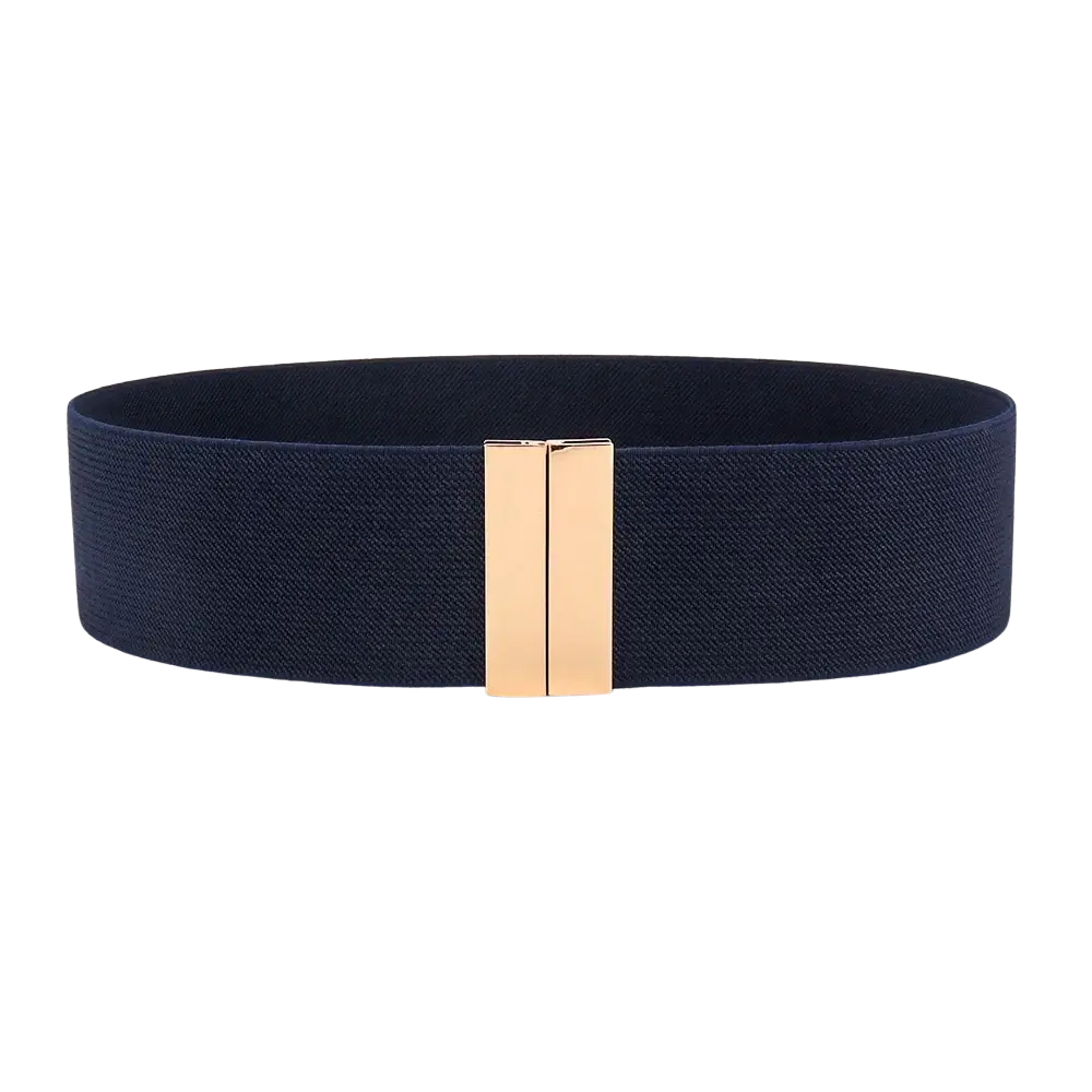 Navy blue women elastic waist belt with geometric gold-tone rectangular buckle for stylish fit and comfort