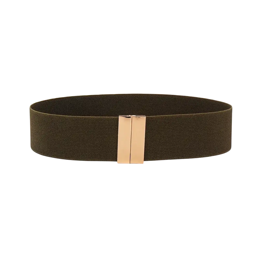 Olive green women elastic waist belt with geometric rose gold rectangular buckle and stretch material