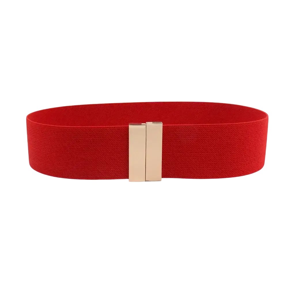 Red women elastic waist belt with a geometric gold-tone rectangular buckle for adjustable fit and style