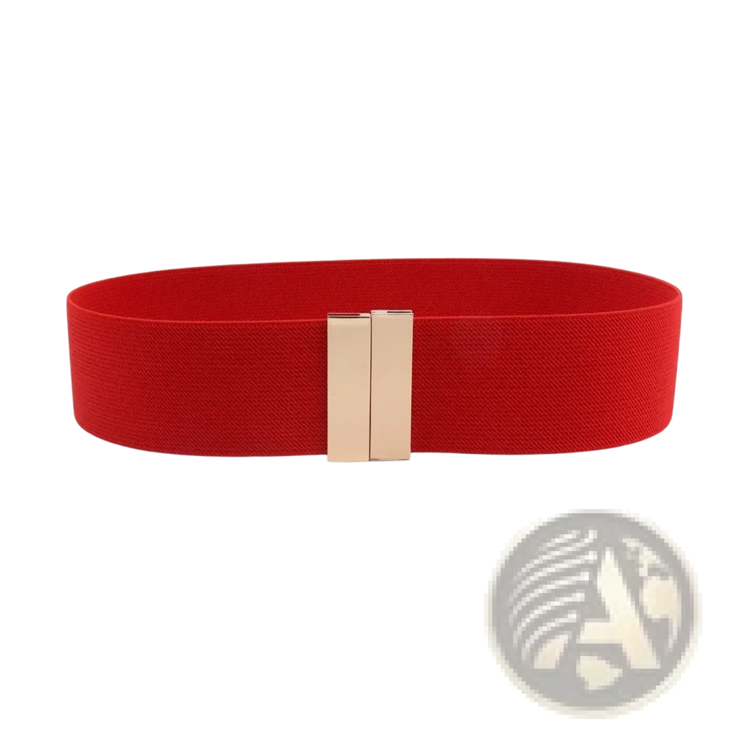 Women elastic waist belt featuring a red elastic band and a sleek gold-tone geometric rectangular buckle