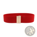 Women elastic waist belt featuring a red elastic band and a sleek gold-tone geometric rectangular buckle