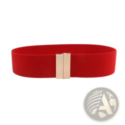 Women elastic waist belt featuring a red elastic band and a sleek gold-tone geometric rectangular buckle