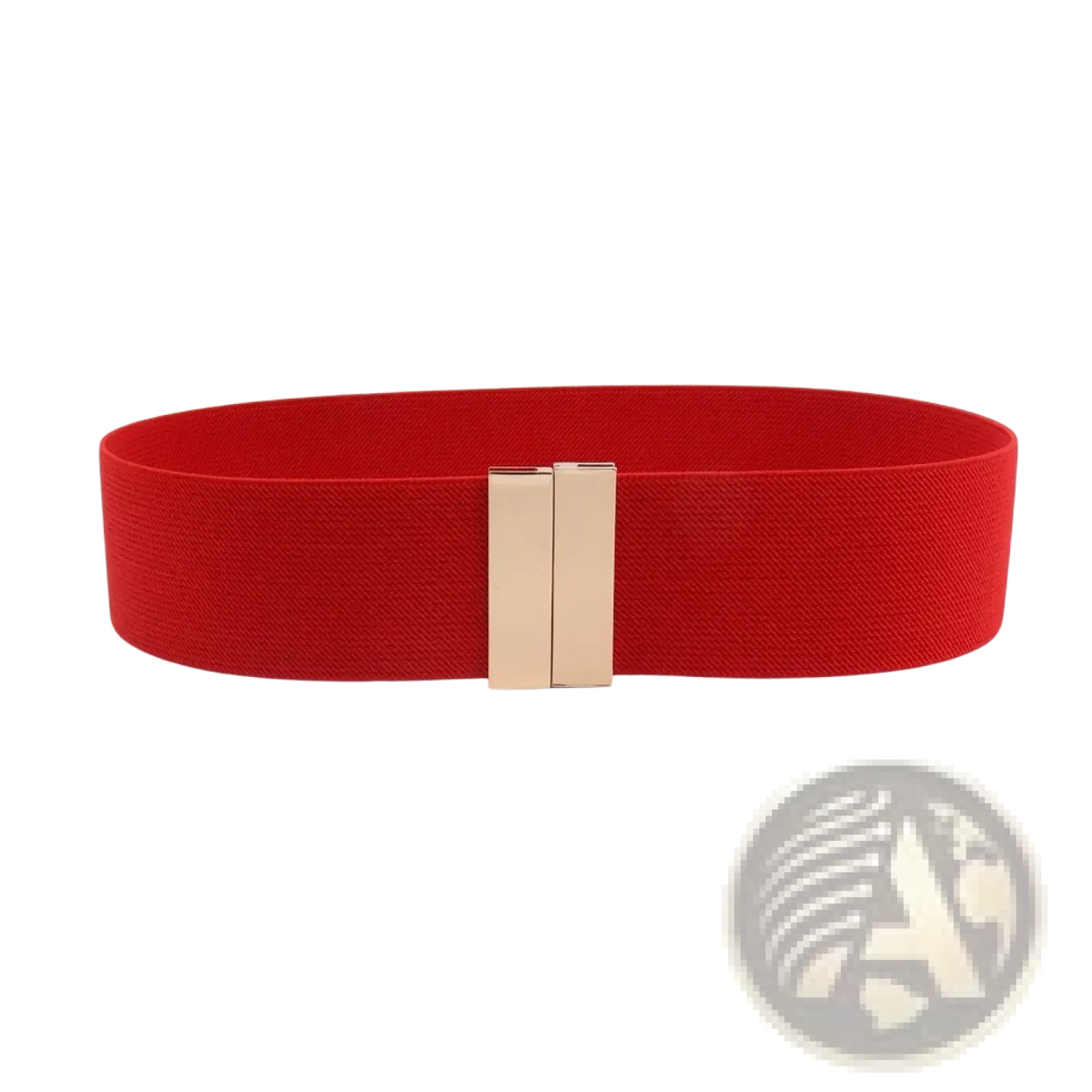 Women elastic waist belt featuring a red elastic band and a sleek gold-tone geometric rectangular buckle