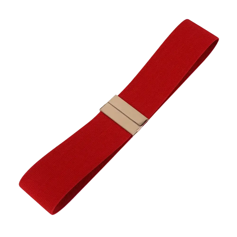 Red women elastic waist belt with geometric gold-toned metal buckle and elastic material for flexible fit