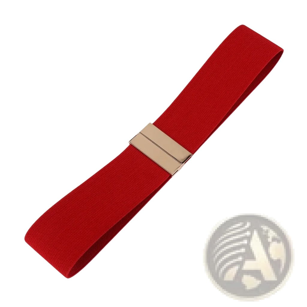 Women elastic waist belt in red with a geometric gold-tone metal clasp and stretchable fabric waistband
