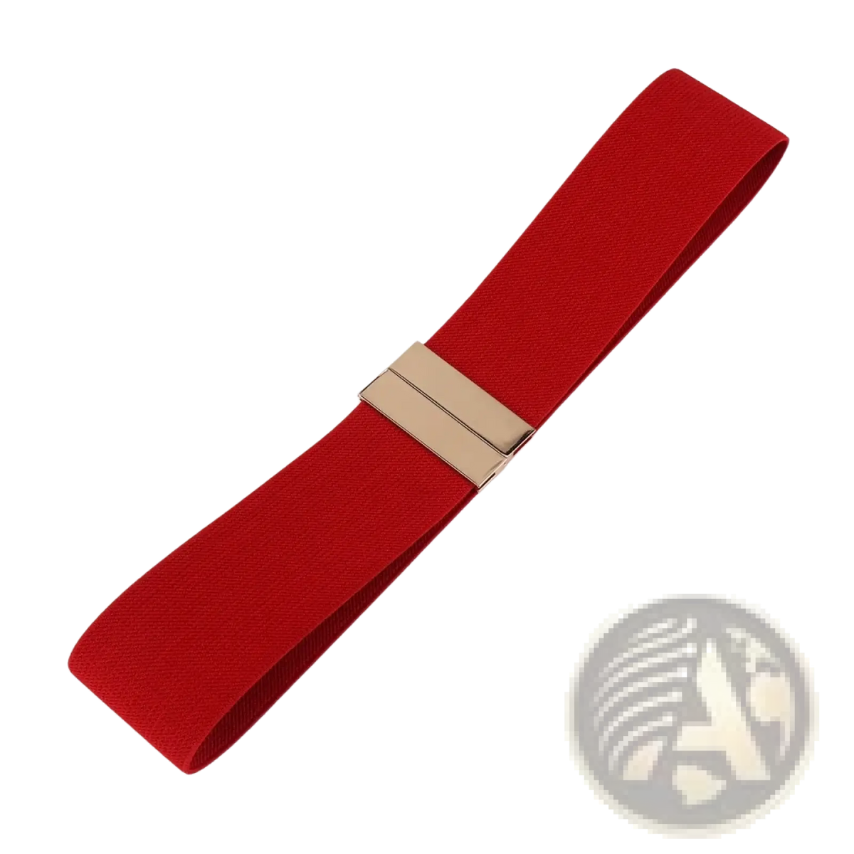 Women elastic waist belt in red with a geometric gold-tone metal clasp and stretchable fabric waistband