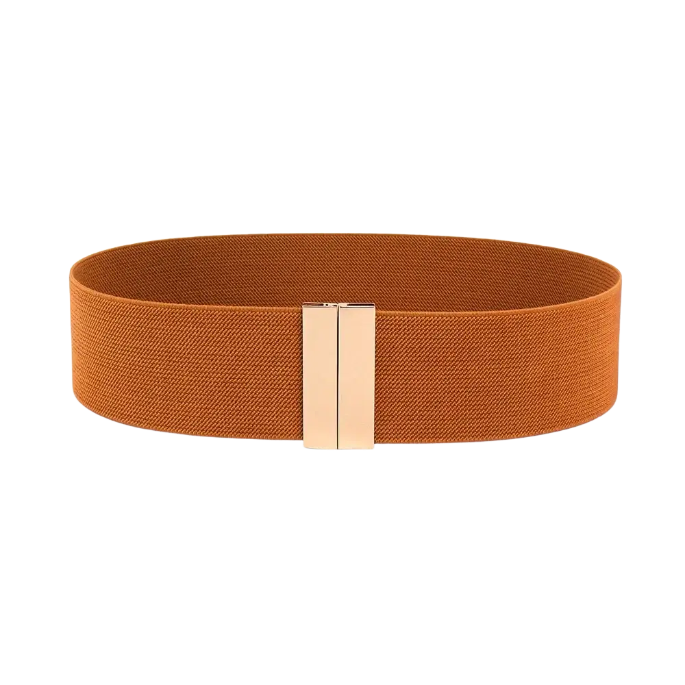 A sleek rust orange women elastic waist belt with a minimalist gold tone geometric rectangular buckle