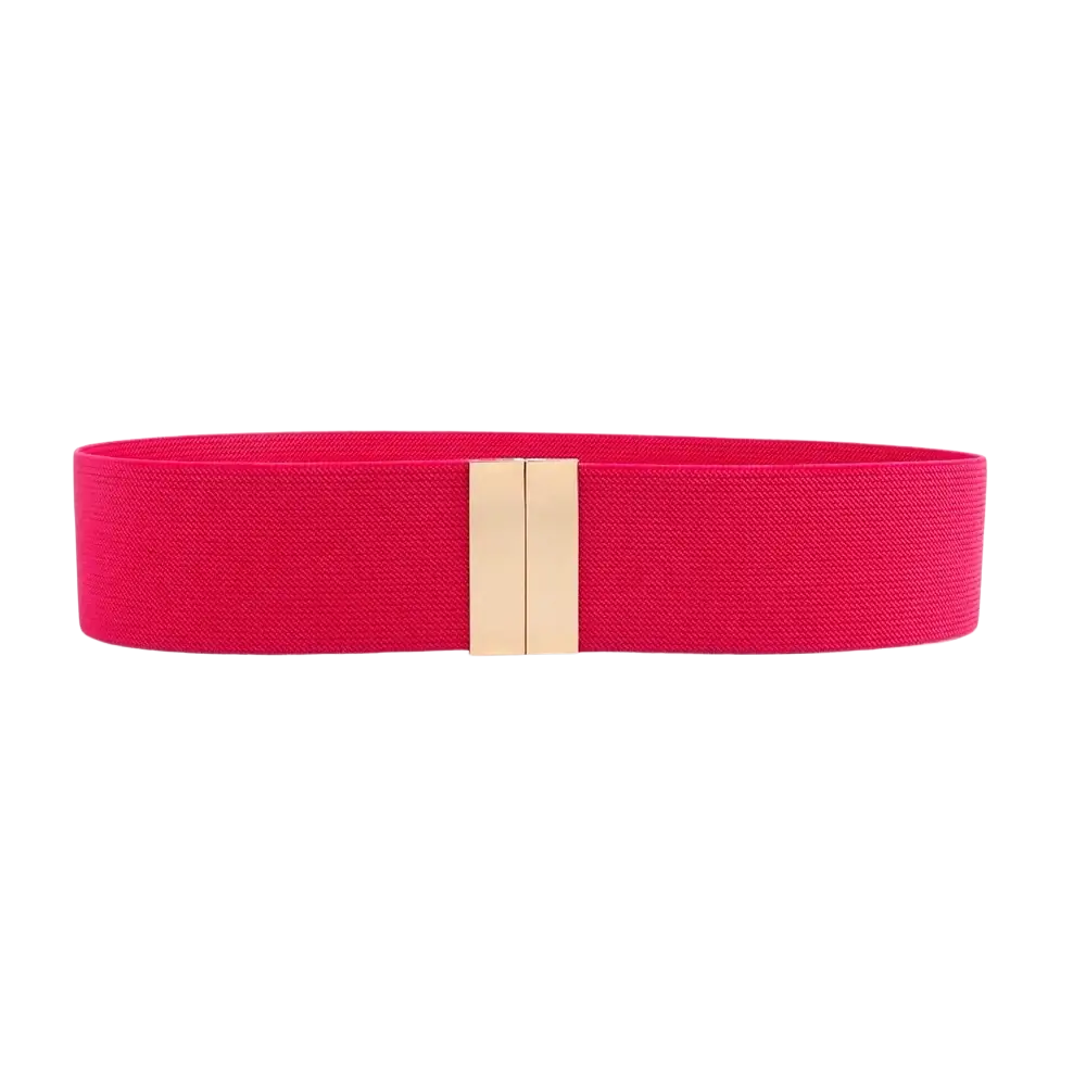 Vibrant red women elastic waist belt with a geometric gold-tone rectangular buckle and sleek design