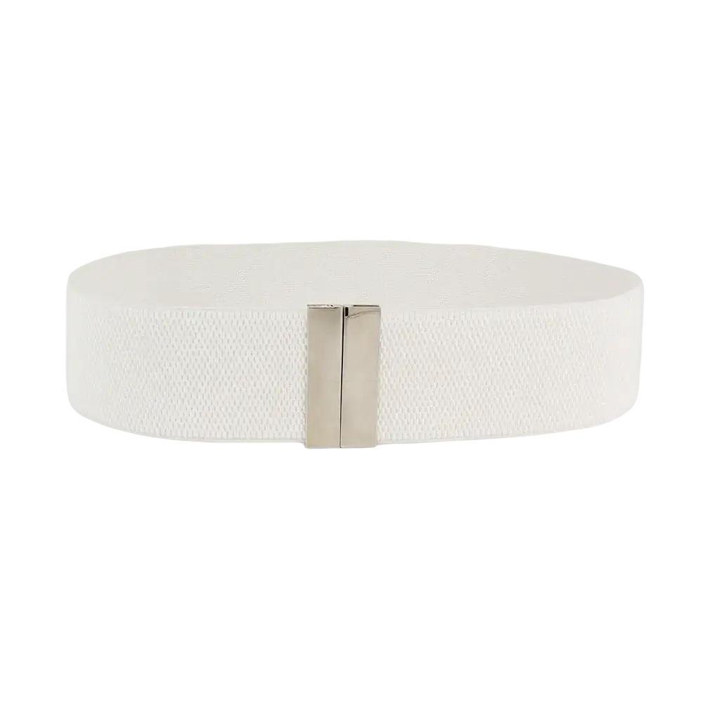 White elastic waist belt for women with a geometric sleek silver metal buckle and durable stretch material