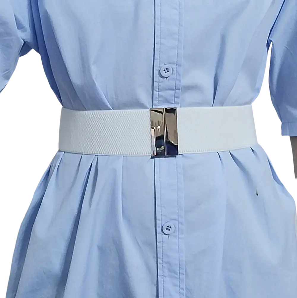Women elastic waist belt in white textured material with a sleek silver geometric rectangular buckle