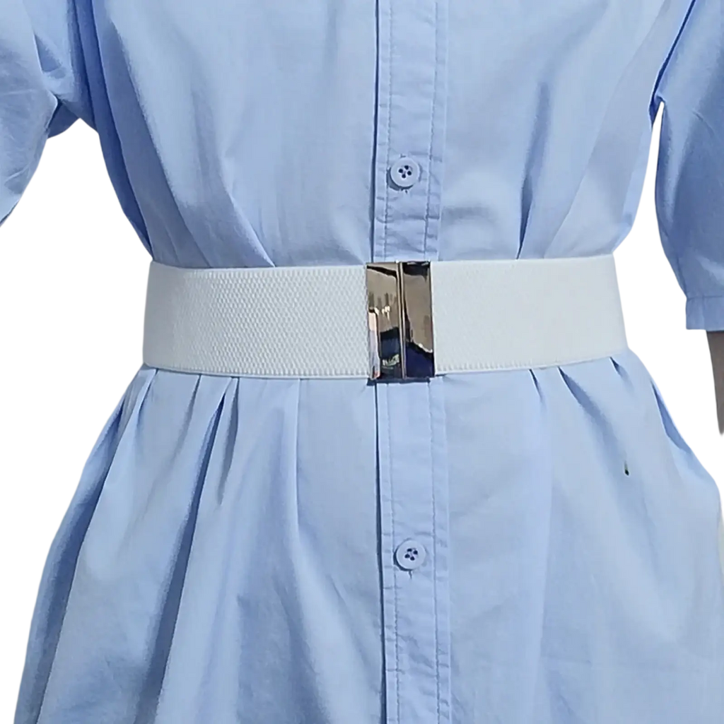 Women elastic waist belt in white textured material with a sleek silver geometric rectangular buckle