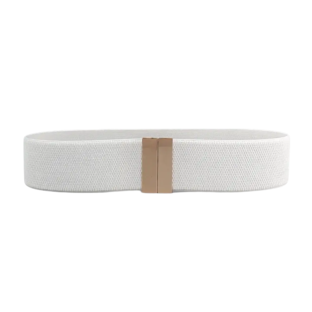 Women elastic waist belt featuring a white woven elastic band and a sleek rose gold rectangular geometric buckle