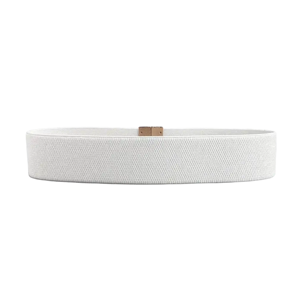 White woven fabric women elastic waist belt with sleek gold-tone geometric buckle for women elastic waist use