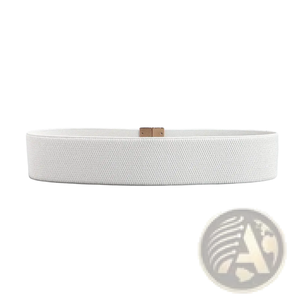 White woven elastic waist belt for women with a geometric rose gold-toned rectangular buckle