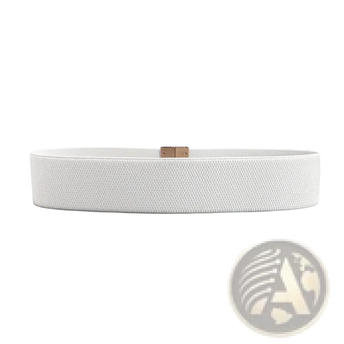 White woven elastic waist belt for women with a geometric rose gold-toned rectangular buckle