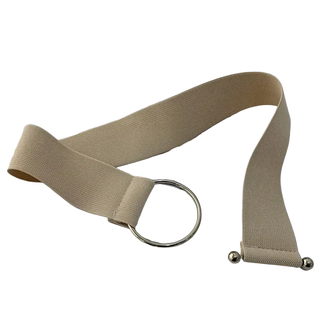 Beige women elastic waist belt with silver-toned round buckle and metallic ball tips for fashion dress waistband