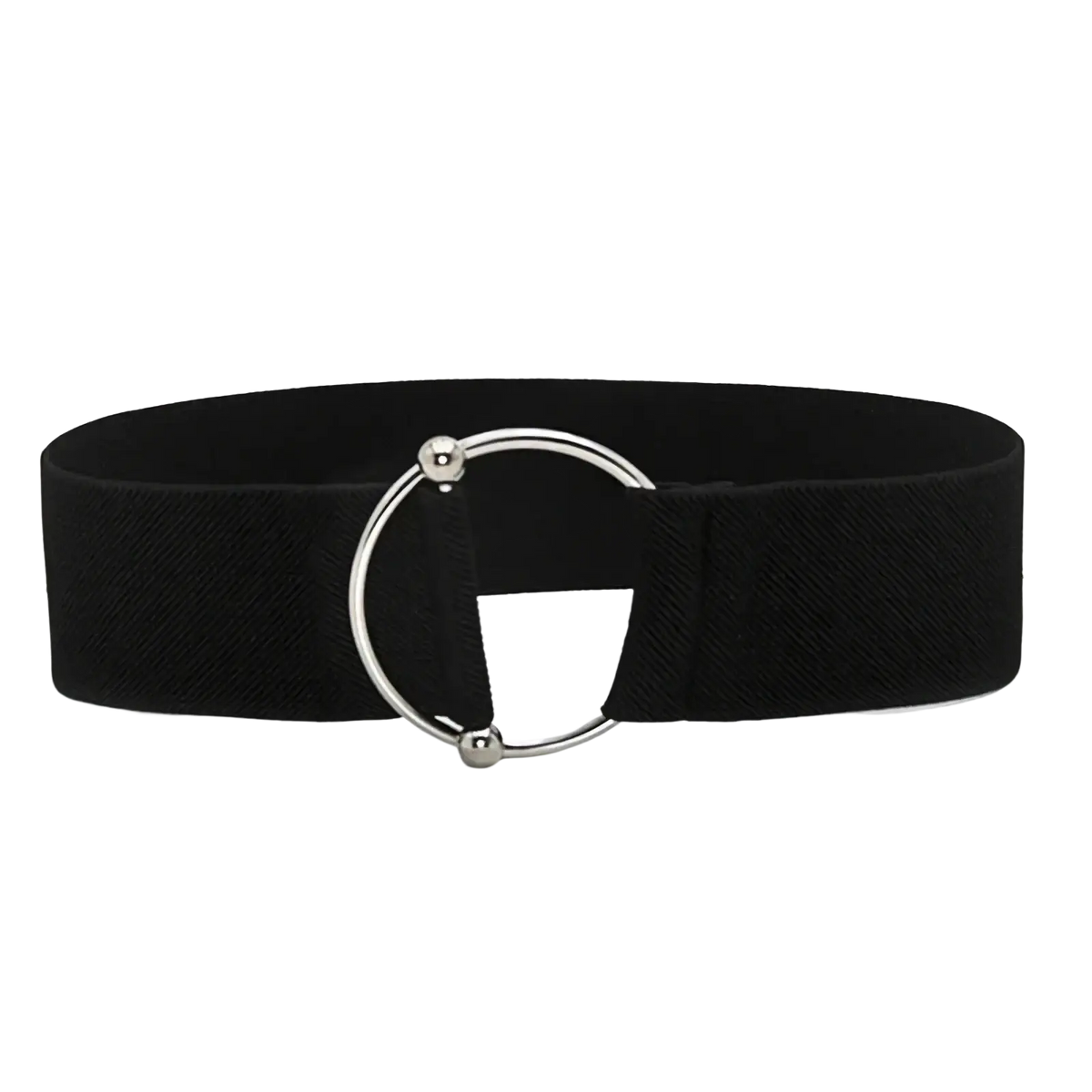 Black elastic women waist belt with a sleek silver round buckle designed for fashion dress waistbands