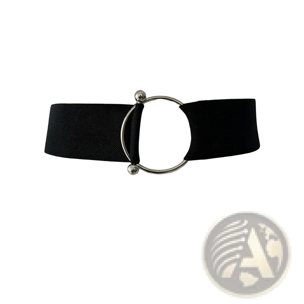 Women elastic waist belt black with sleek silver round buckle and small spherical accents for fashion dresses