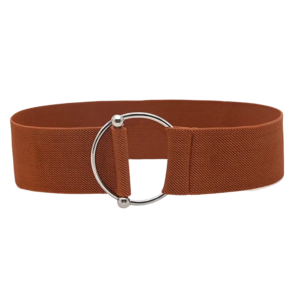 Brown women elastic waist belt with a silver-toned round buckle made for fashion dress waistbands