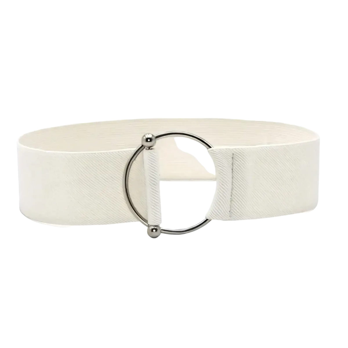 Cream-colored elastic waist belt with a sleek silver round buckle for fashion dress waistband use