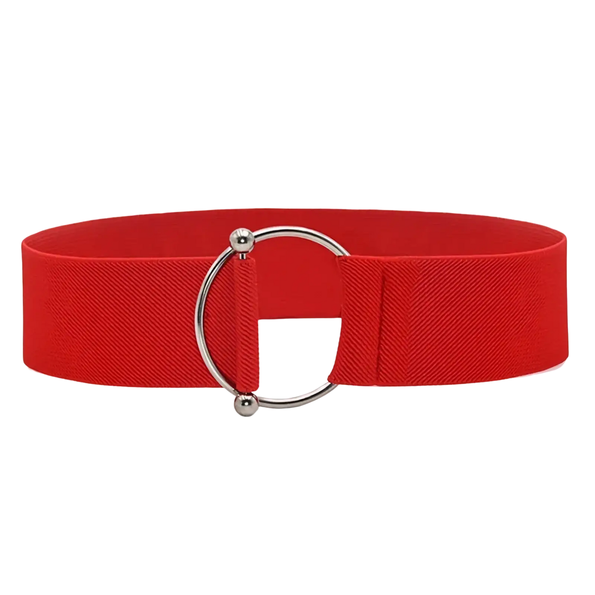 Women elastic waist belt with red stretchy fabric and silver-toned round buckle for fashion dress waistband