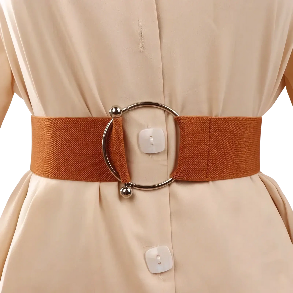 Women elastic waist belt in rust orange with a polished silver-toned round buckle and matching spherical accents