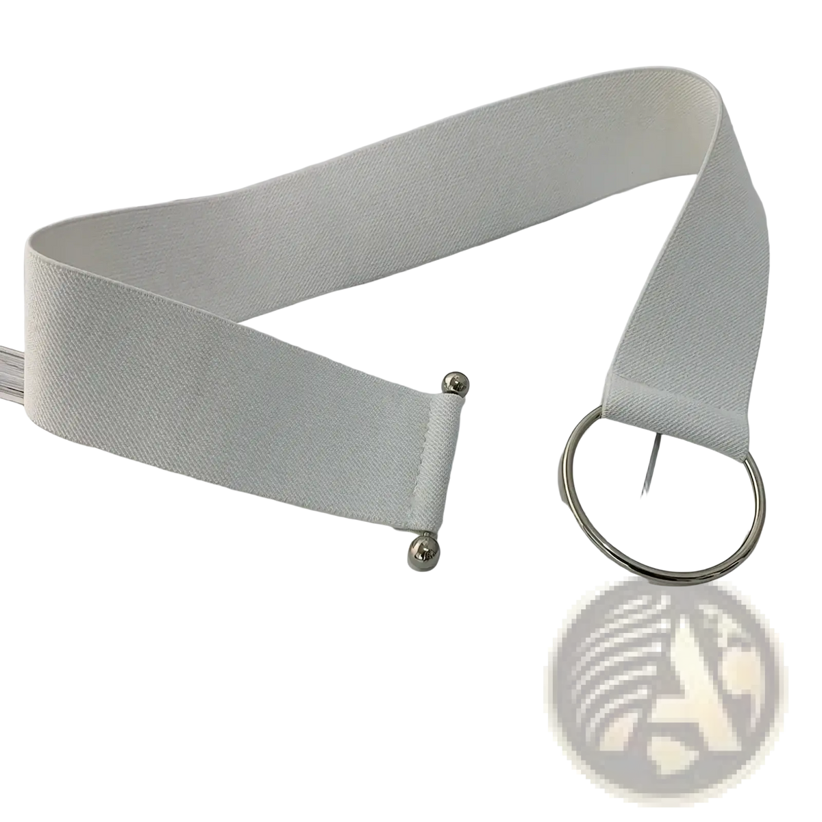 Women elastic waist belt with white fabric, silver-toned round metal buckle, and matching spherical hardware
