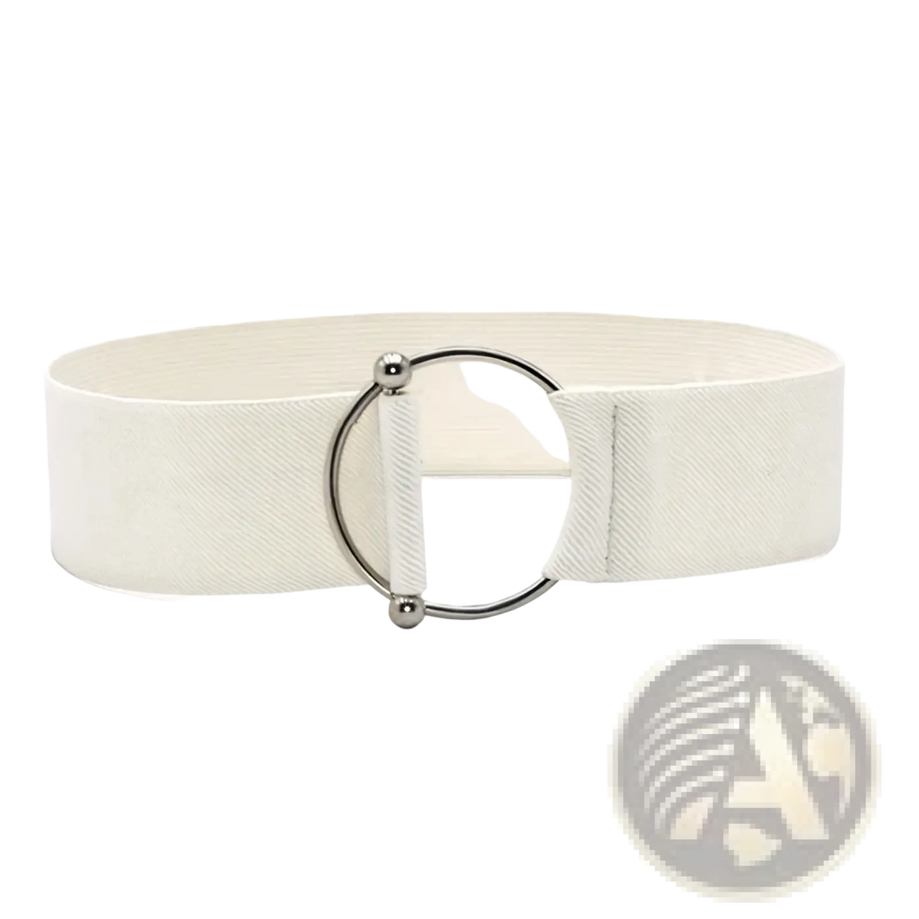 Cream-colored women elastic waist belt with round silver-toned buckle for fashion dress waistband use