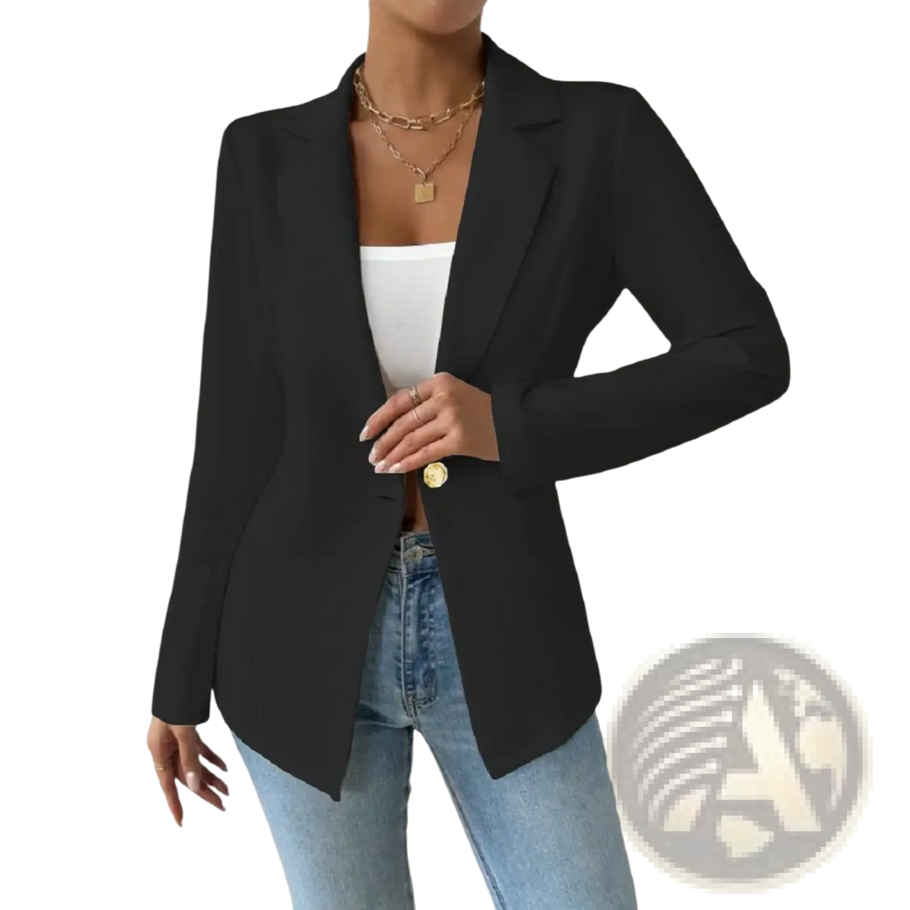 Women elegant maroon single button blazer jacket with a sleek tailored fit and long sleeves in black fabric