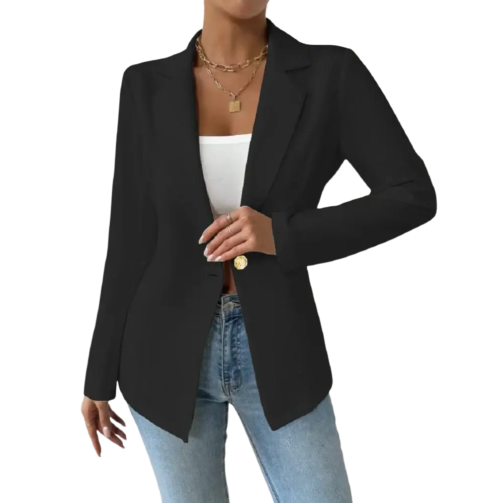 Women elegant maroon single button blazer jacket with a sleek tailored fit and long sleeves in black fabric