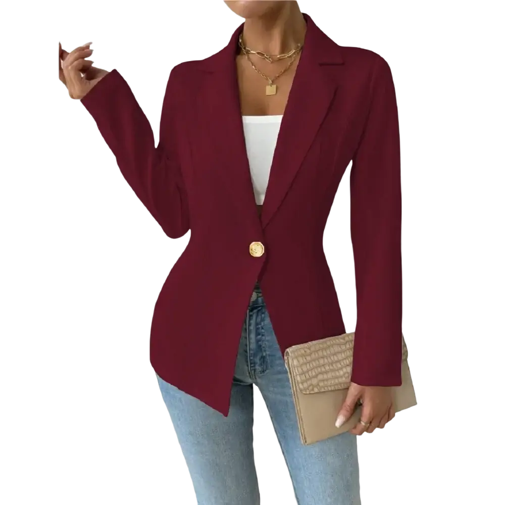 A sleek maroon women elegant single button blazer jacket with tailored fit and gold button detail