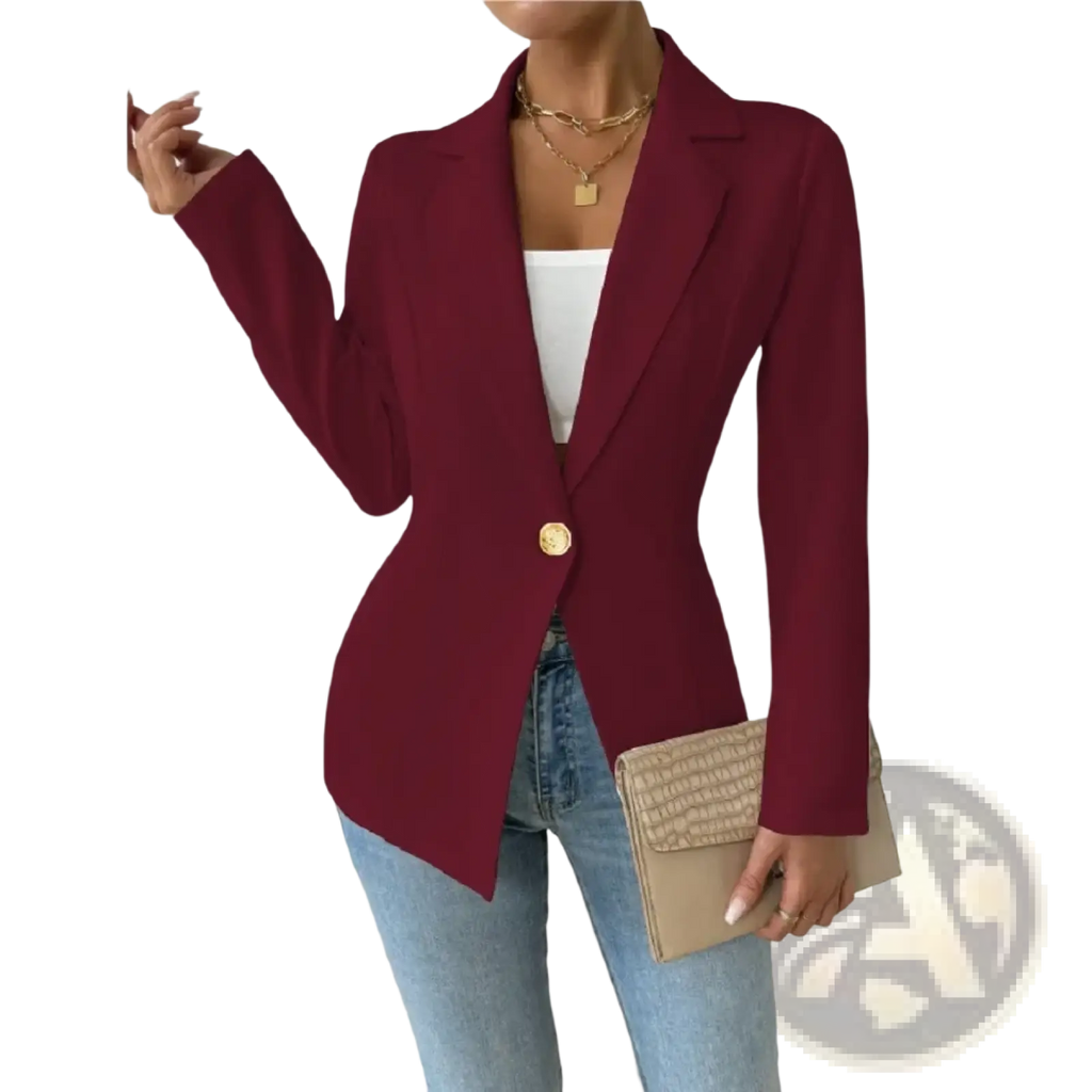 A sleek maroon women elegant single button blazer jacket with tailored fit and gold button detail