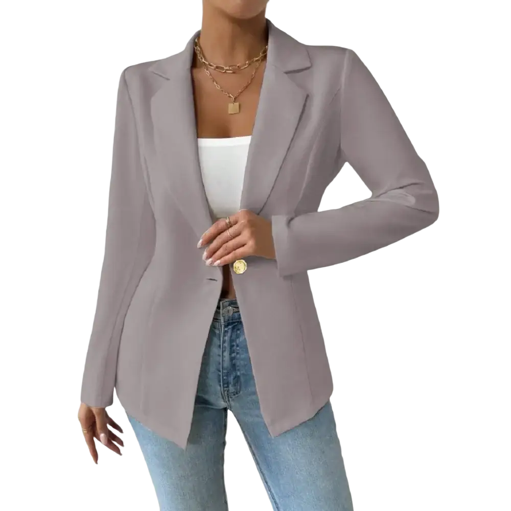 A sleek light gray tailored blazer with single button closure in a women elegant maroon single button blazer jacket line
