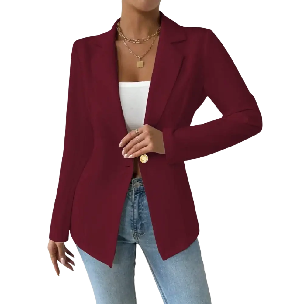 A sleek wine-red women elegant maroon single button blazer jacket with tailored fit and polished design
