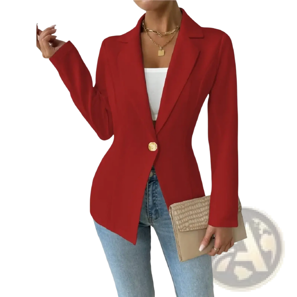 A vibrant red women elegant single-breasted blazer jacket with a gold button and notched lapels