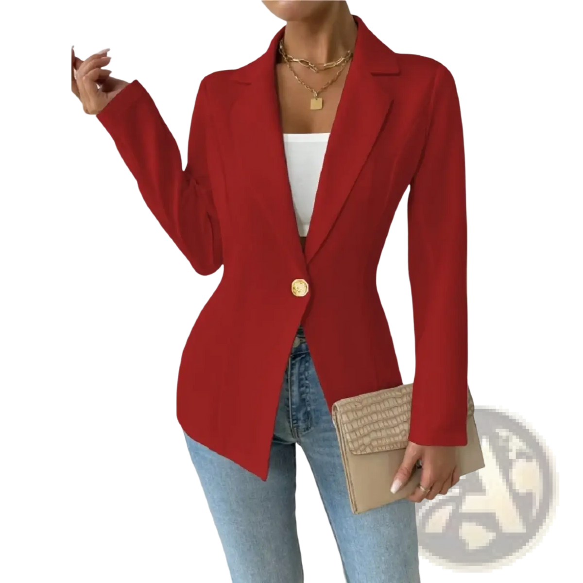A vibrant red women elegant single-breasted blazer jacket with a gold button and notched lapels