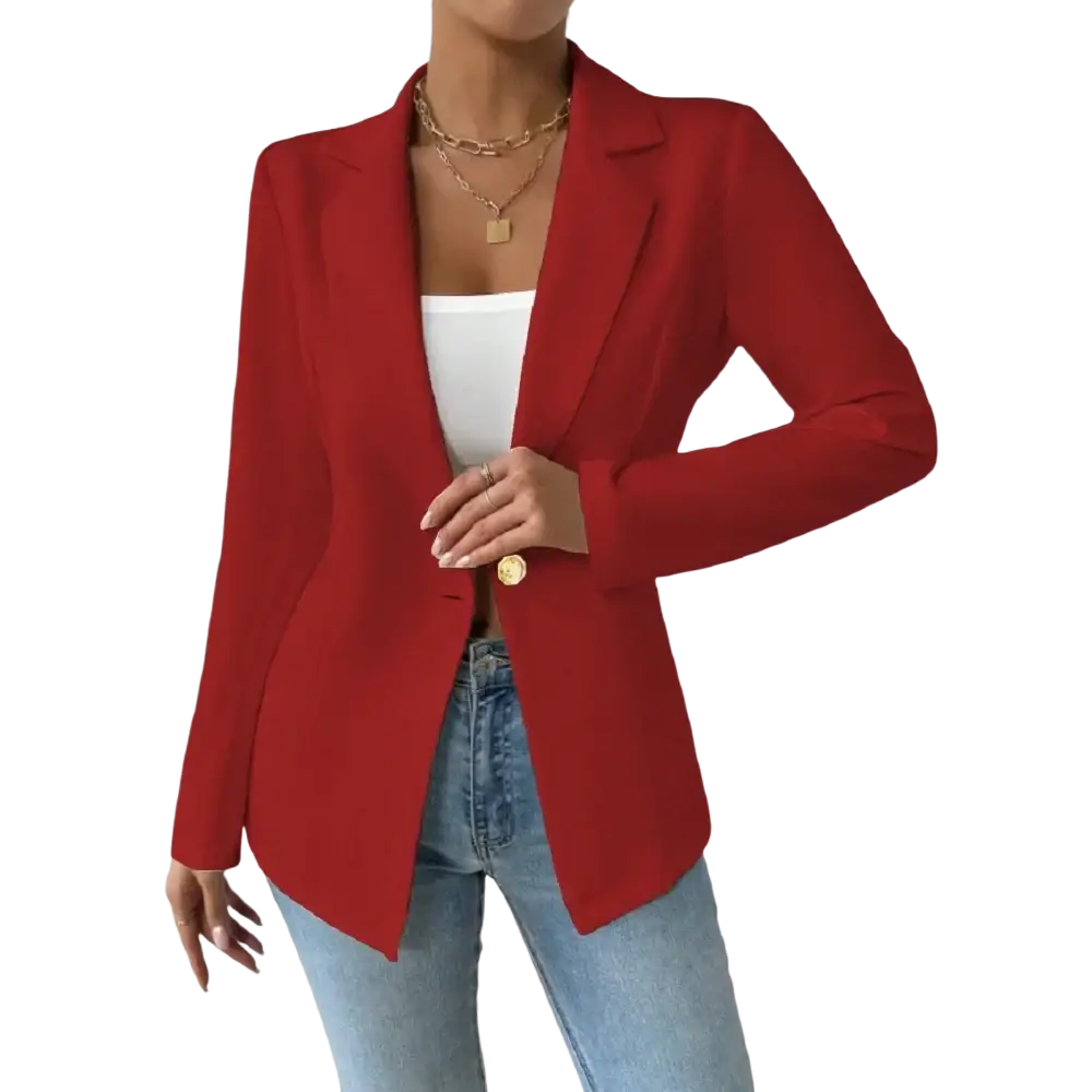 Women elegant maroon single button blazer jacket with vibrant red long sleeves, tailored fit, and notched lapels