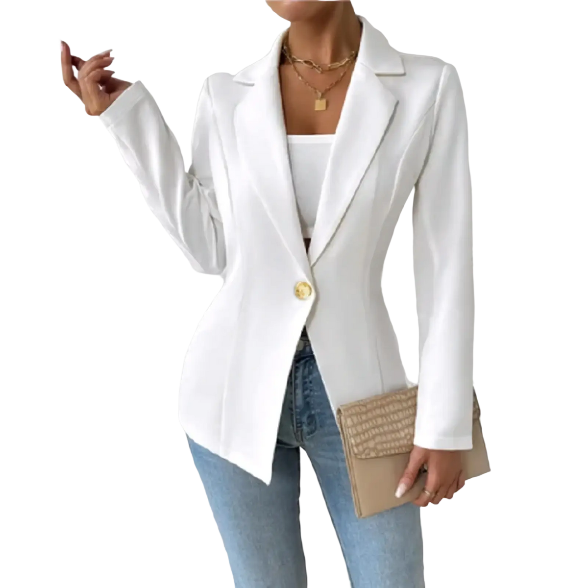 Women elegant maroon single button blazer jacket with white fabric, gold button, and notched lapels for formal wear