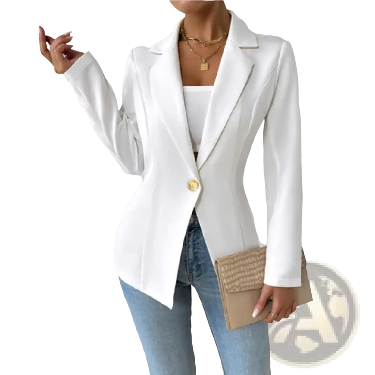 Women elegant maroon single button blazer jacket with white fabric, gold button, and notched lapels for formal wear