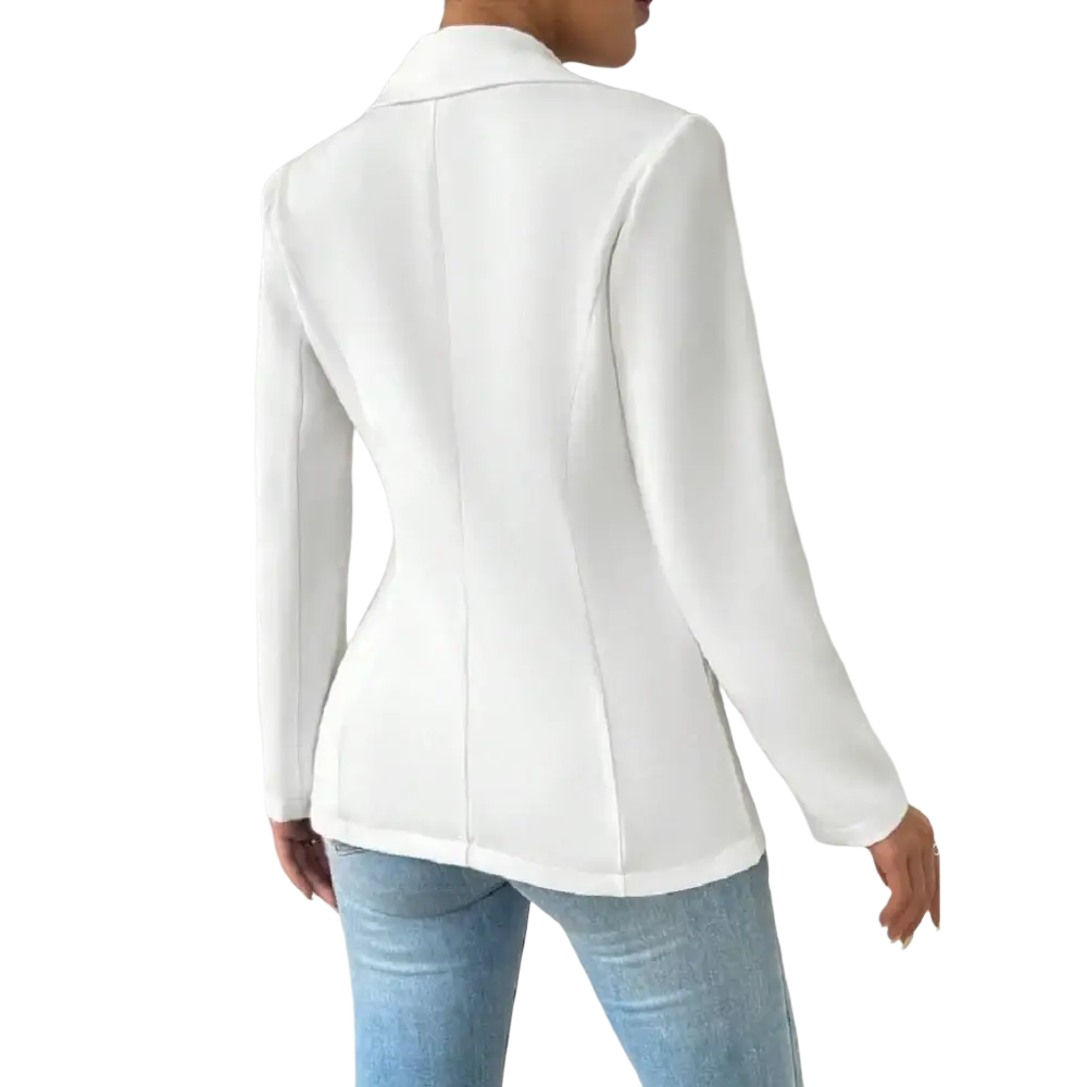 White tailored blazer jacket with long sleeves and structured back design featured from the back side