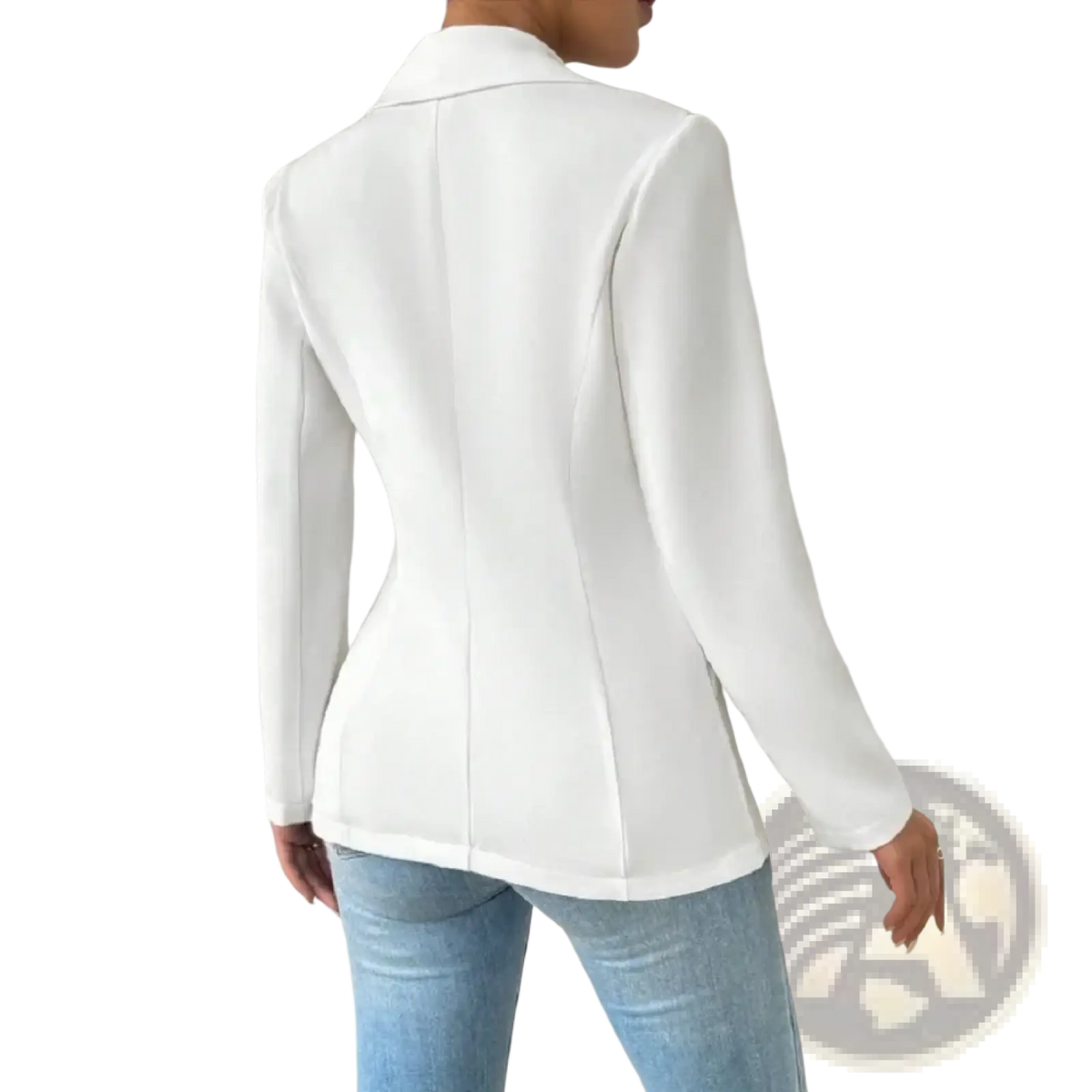 White tailored blazer jacket with long sleeves and structured back design featured from the back side