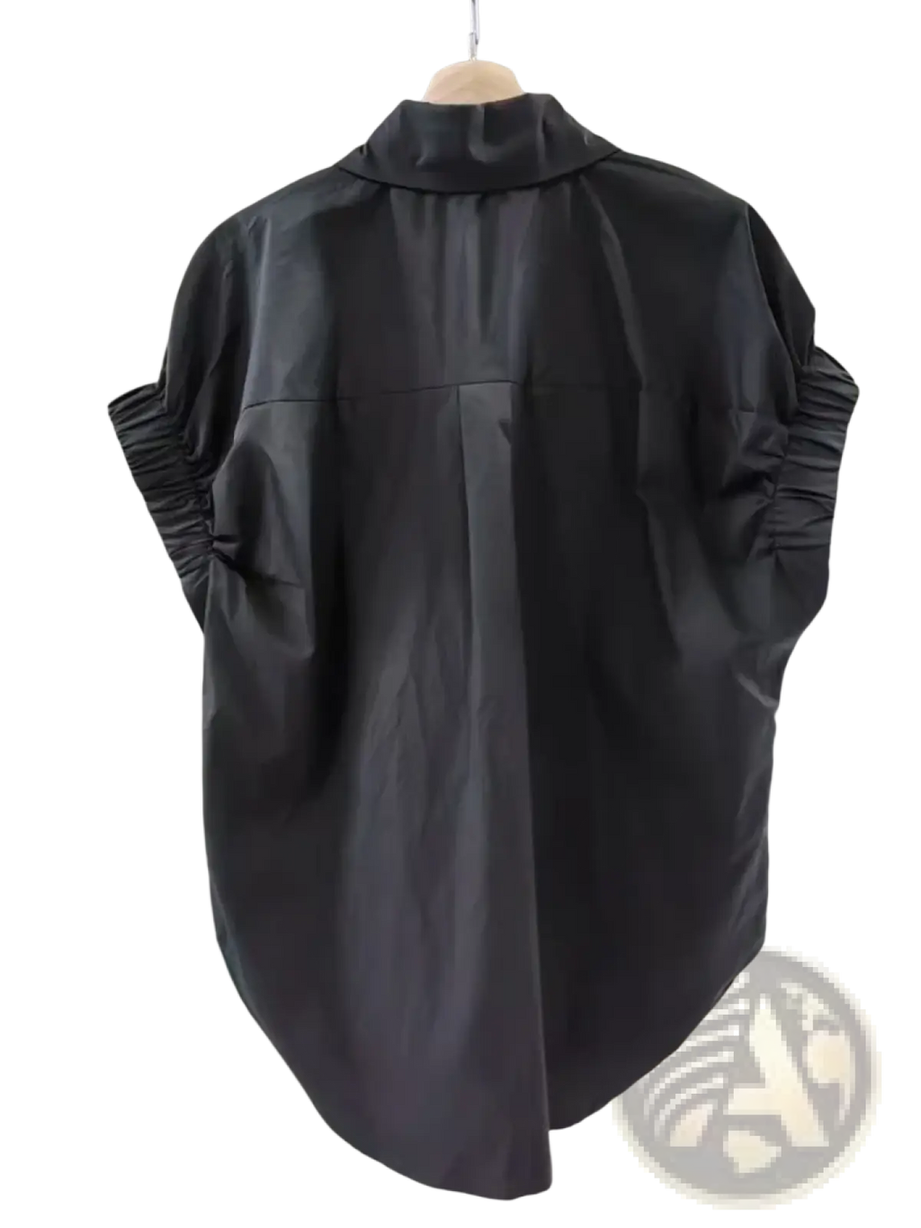 Women elegant black satin blouse with ruched short sleeves and high collar for casual wear