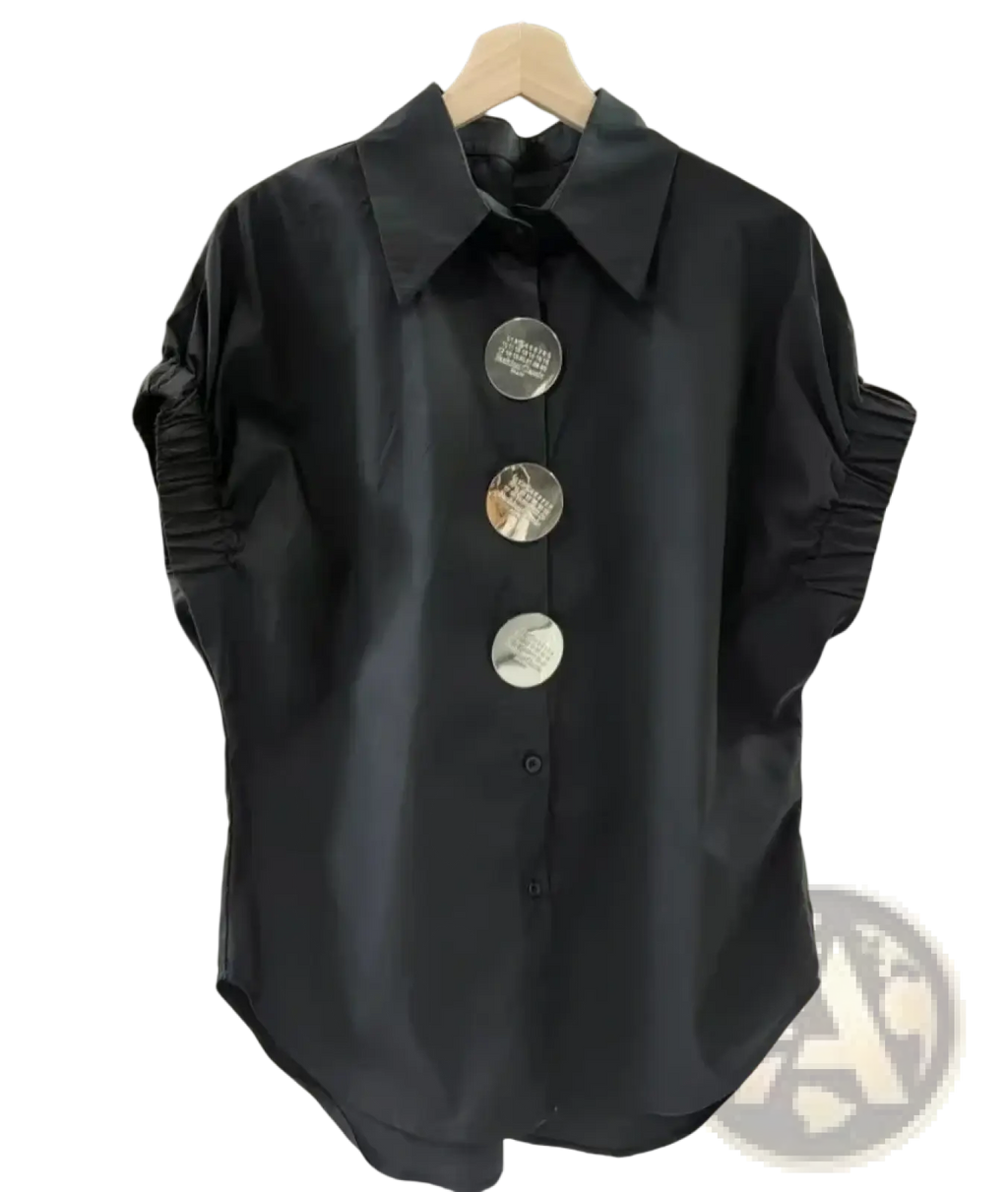 Women elegant black satin blouse with ruched short sleeves and oversized circular buttons for casual wear