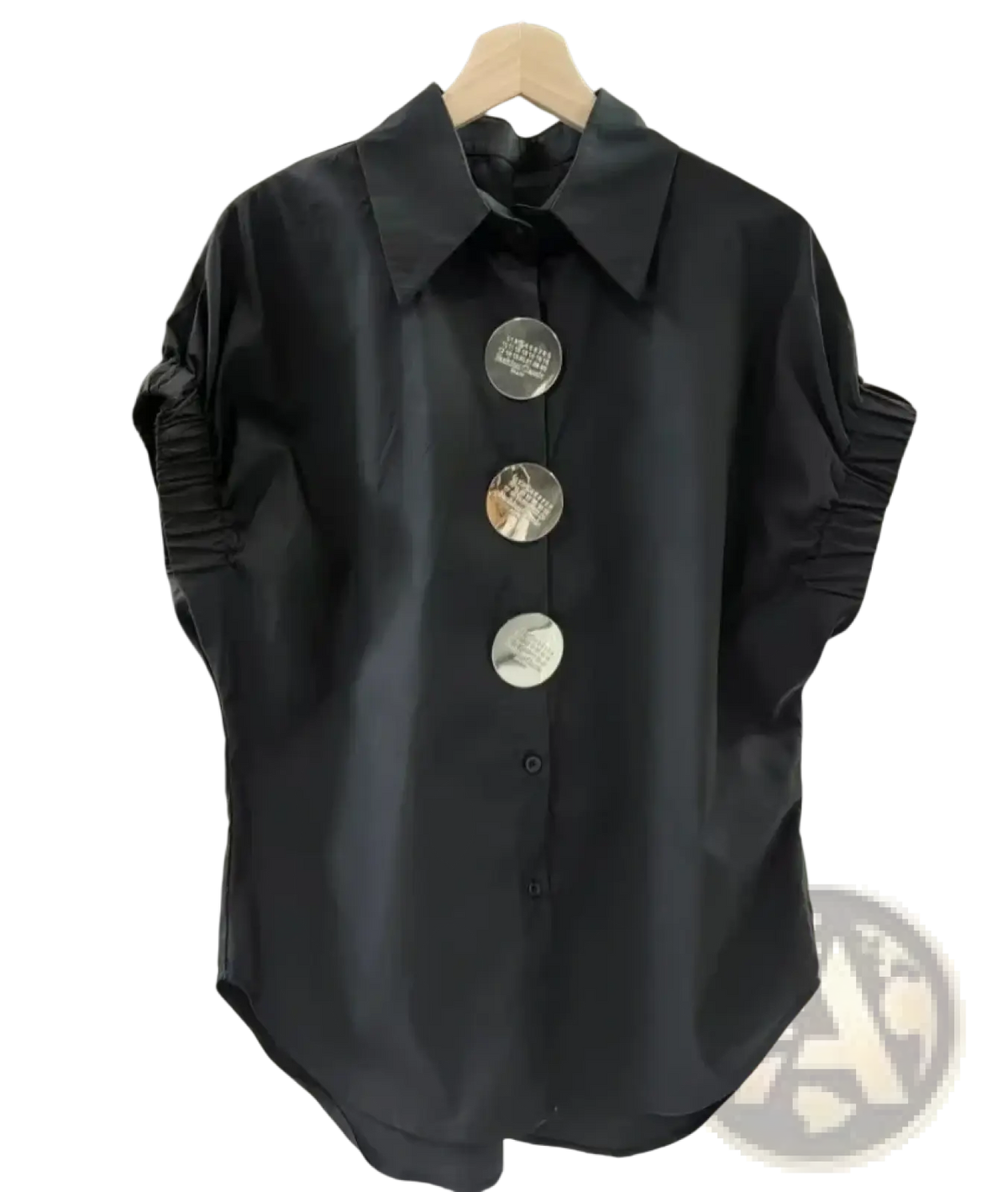 Women elegant black satin blouse with ruched short sleeves and oversized circular buttons for casual wear