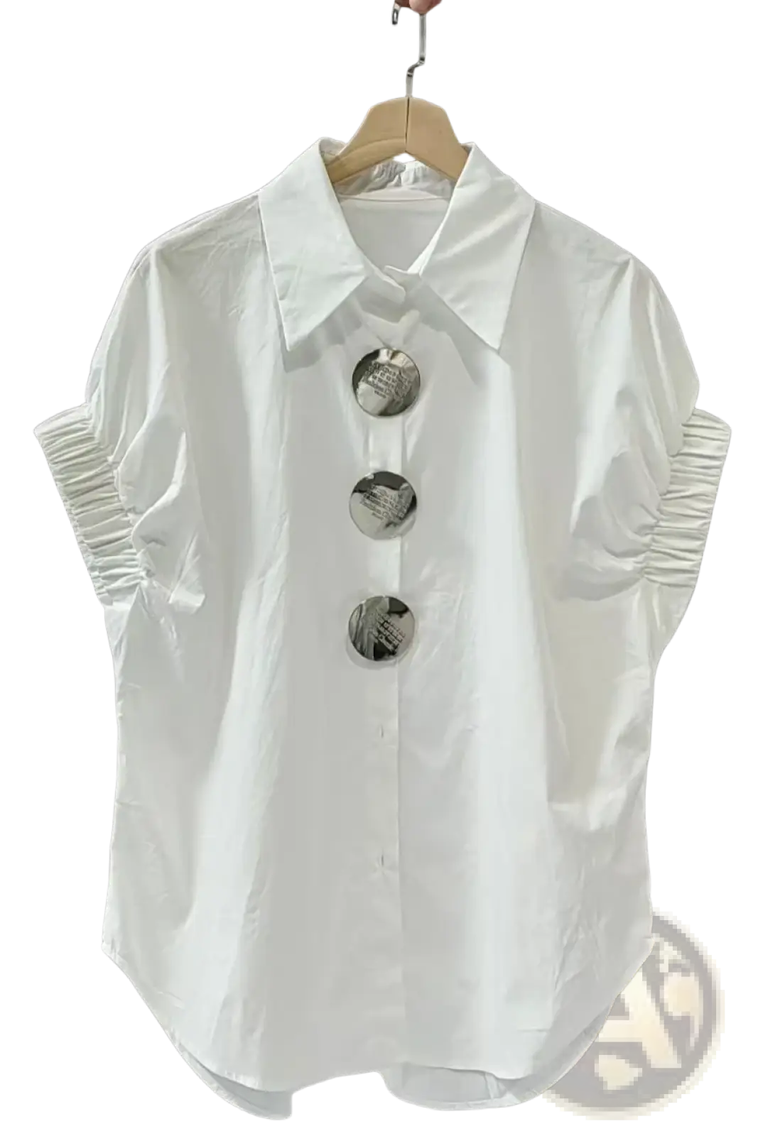 Women elegant short sleeve white blouse with elasticated cuffs and three large metallic buttons down the front