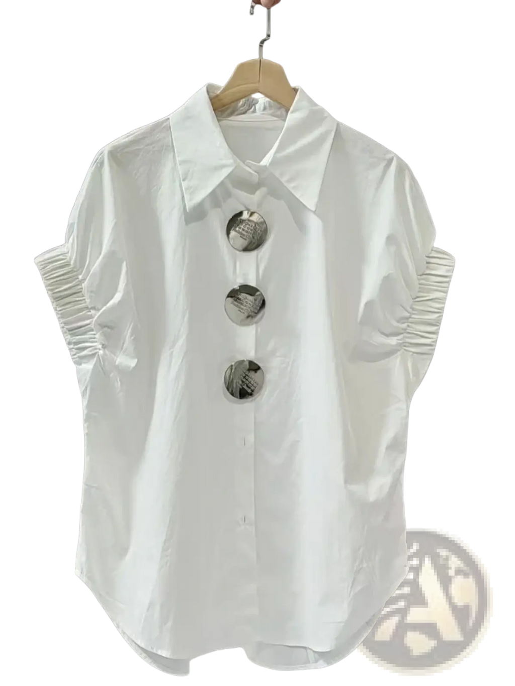White elegant short sleeve casual blouse with elasticated cuffs and three large metallic buttons down the front