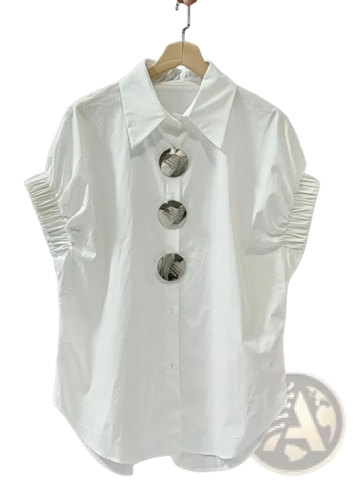 White elegant short sleeve casual blouse with elasticated cuffs and three large metallic buttons down the front