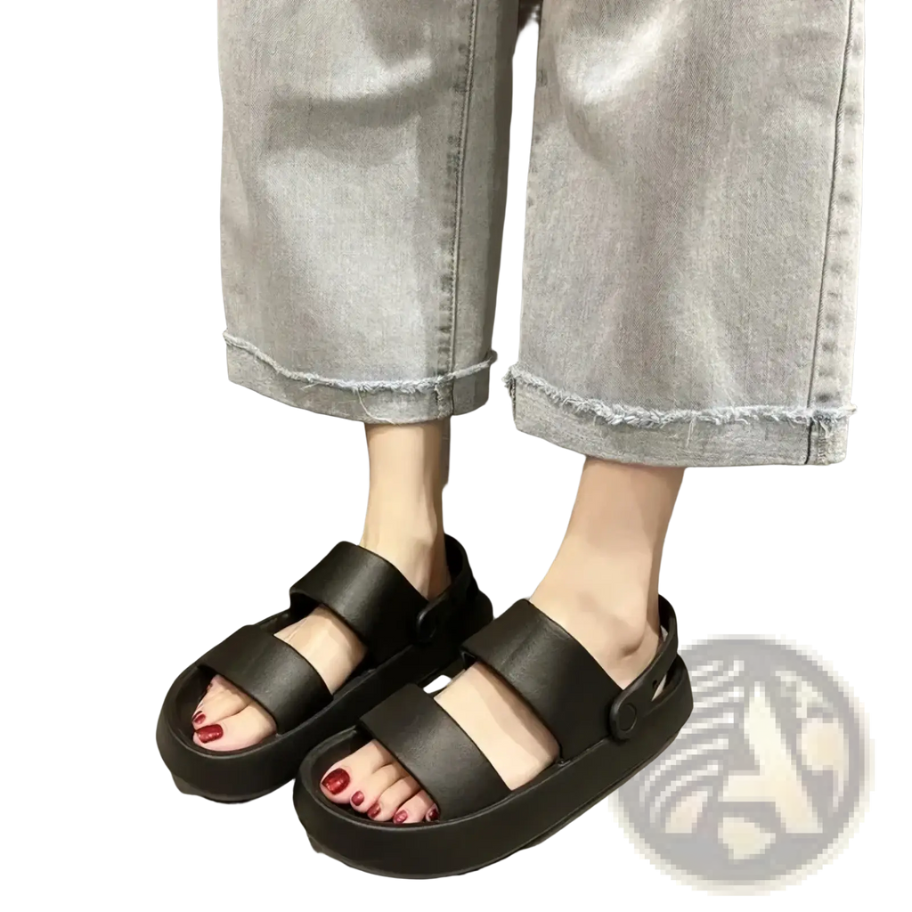 Black eva platform slide sandals for women with two wide straps and a buckle closure ideal for summer beach use
