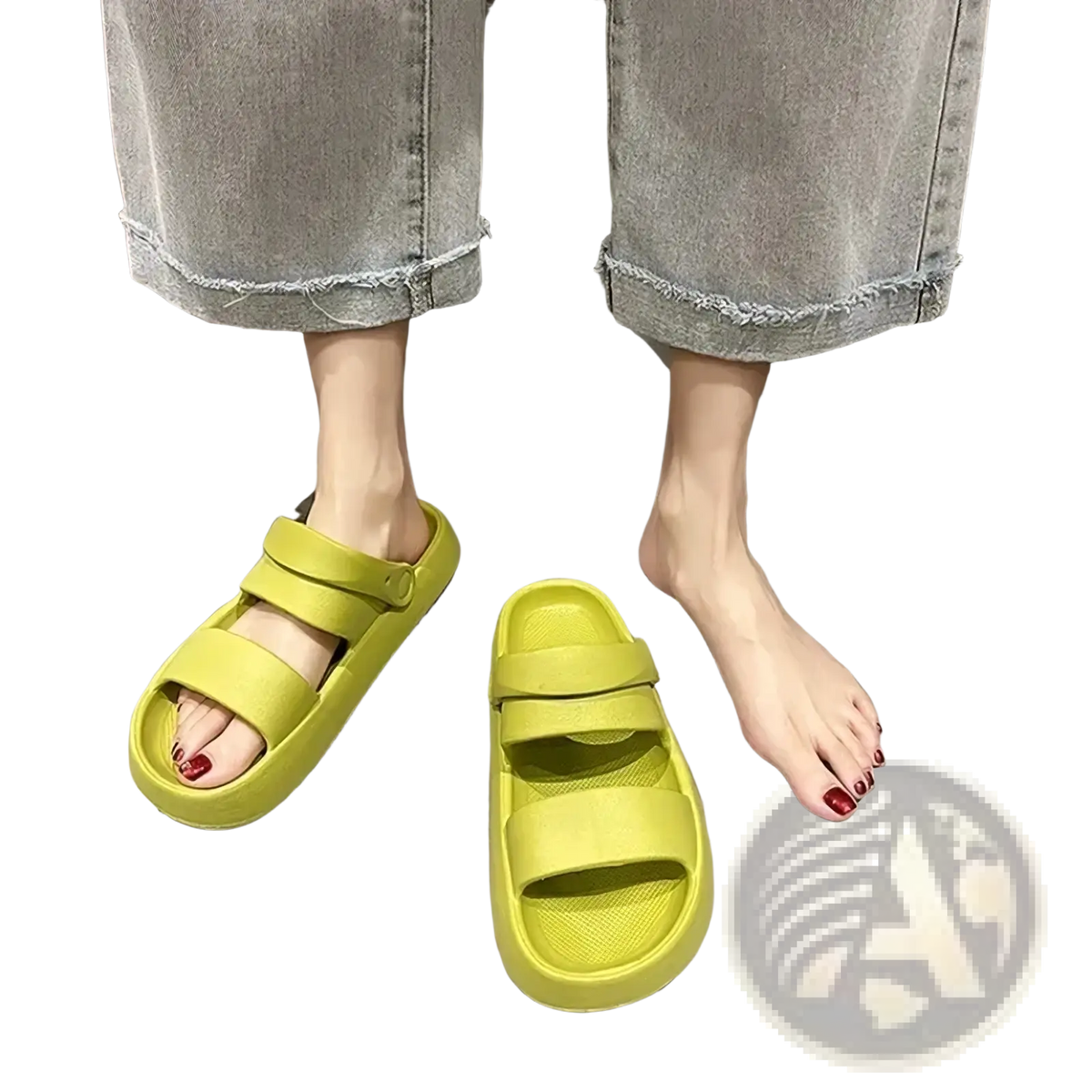 Bright lime green women eva slide sandals with thick soles and two adjustable straps for flat summer beach wear