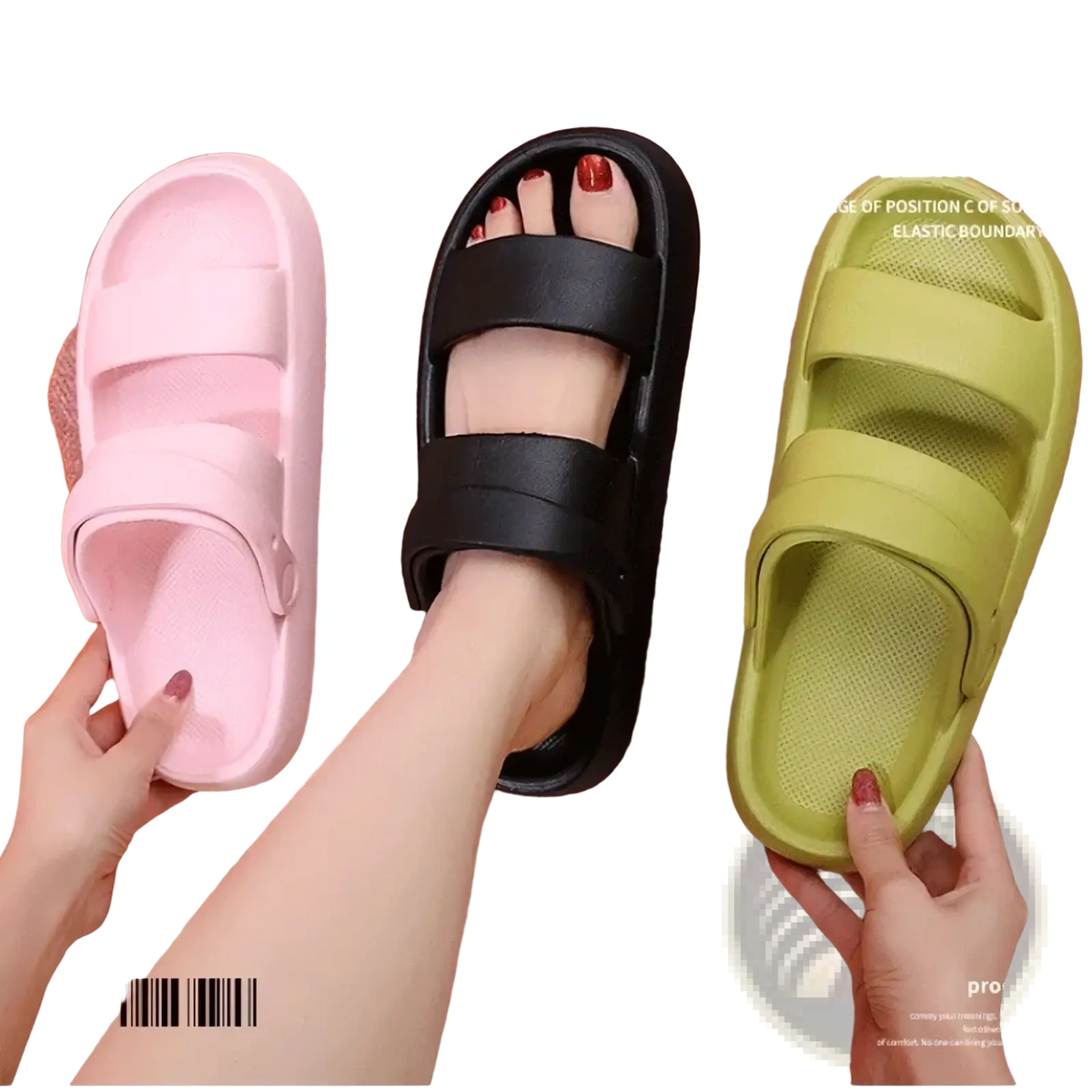 Women eva slide sandals with pink black and lime green thick soles and wide straps for flat summer beach wear